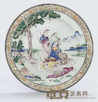 CIRCA 1742 A FAMILLE ROSE ‘FOUR ELEMENTS’ PLATE, DEPICTING ‘EARTH’ 